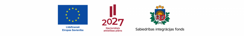 Attēlā redzami logo: "Līdzfinansē Eiropas savienība", "2027 Nacionālais attīstības plāns", "Sabiedrības integrācijas fonds"